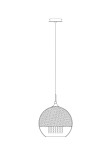 Lampa wisząca Fermi 1-punktowa w kolorze złotym, z okrągłym kloszem z dekoracyjnym wzorem. Umieszczona na cienkim przewodzie, zawieszona na prostokątnej podsufitce. Klosz z detalami świetlnymi, zbliżonymi do kryształków.
