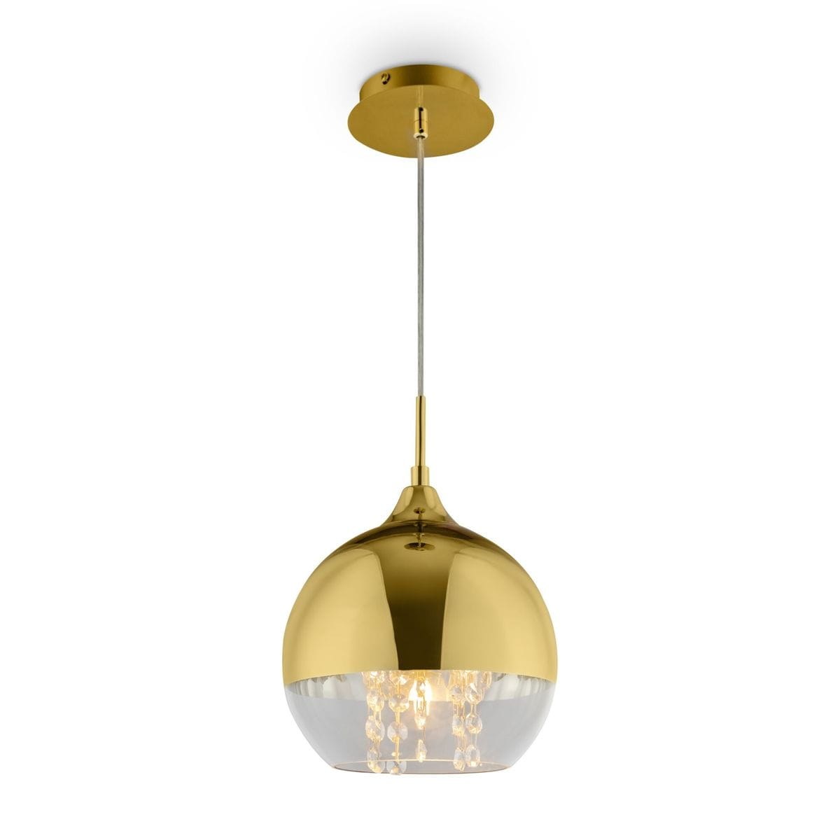 Lampa wisząca Fermi 1-punktowa w kolorze złotym z przezroczystym kloszem. Okrągły kształt, zawieszona na cienkim przewodzie. Wewnątrz widoczne dekoracyjne kryształki. Prosta, elegancka forma, idealna do nowoczesnych wnętrz.