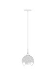 Lampa wisząca Fermi 1-punktowa w kolorze złotym, o okrągłym kloszu z widocznym zdobieniem. Zawieszona na cienkim przewodzie, podłużna podsufitka. Klosz z dekoracyjnym wzorem i otworami na źródło światła.