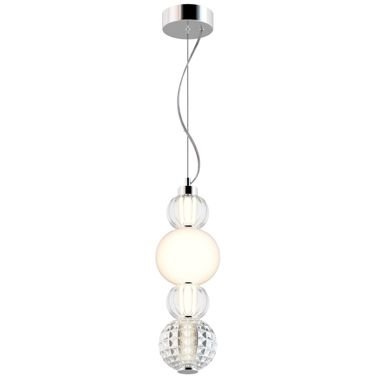 Lampa wisząca Collar LED w kolorze chromu, z trzema różnymi kloszami: matową kulą, przezroczystym kloszem w kształcie fali oraz szklanym kloszem w geometrycznym wzorze. Zawieszona na metalowej linki, w eleganckim, nowoczesnym stylu.