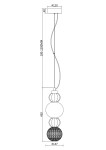 Lampa wisząca Collar LED w wykończeniu chromowanym, składająca się z trzech elementów: górnego klosza w kształcie żarówki, białej kuli oraz dolnej, ażurowej kuli. Wysokość regulowana od 100 mm do 1200 mm, średnica 120 mm u góry i 147 mm na dole.