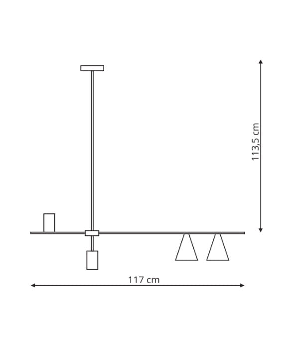 Lampa wisząca Arizona 4-punktowa LP-074/4PL w kolorze czarnym i złotym, z prostokątną podstawą i czterema trójkątnymi kloszami. Wymiary: długość 117 cm, wysokość 113,5 cm. Ujęcie boczne, ukazujące detale konstrukcji.
