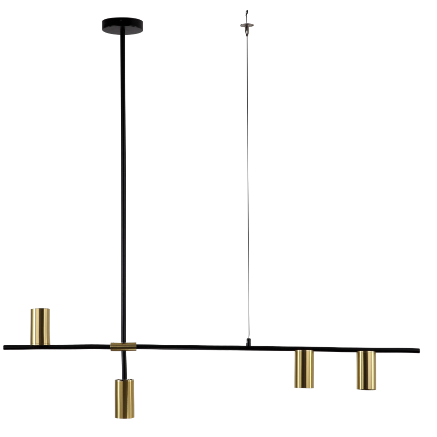 Lampa wisząca Arizona 4-punktowa LP-074/4PL w kolorze czarnym i złotym. Posiada prostą, poziomą konstrukcję z czterema cylindrycznymi oprawami na żarówki, zawieszoną na długim, smukłym kablu. Idealna do nowoczesnych wnętrz.