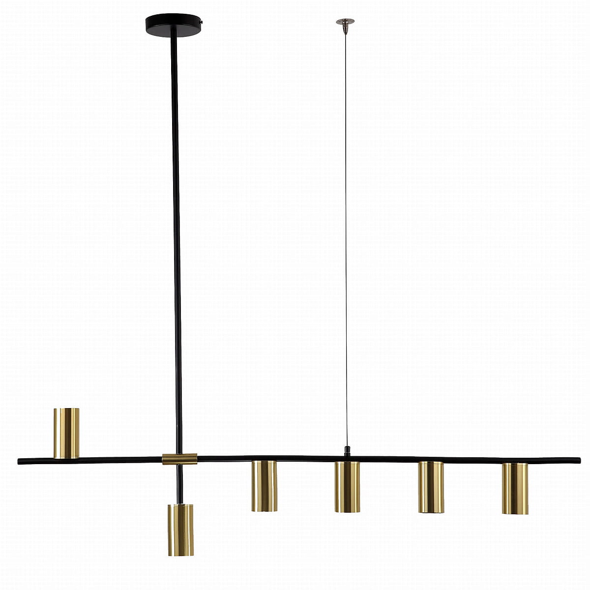 Lampa wisząca Arizona 6-punktowa LP-074/6PL w kolorze czarno-złotym. Konstrukcja składająca się z poziomego czarnego ramienia z sześcioma złotymi cylindrycznymi kloszami. Ujęcie z przodu, produkt zawieszony na długim przewodzie.