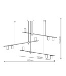 Lampa wisząca Arizona 9-punktowa LP-074/9PL w kolorze czarnym i złotym. Wymiary: 179 cm szerokości, 113,5 cm wysokości. Konstrukcja z prostokątnych elementów, 9 miejsc na żarówki, zawieszona na linkach, minimalistyczny design.