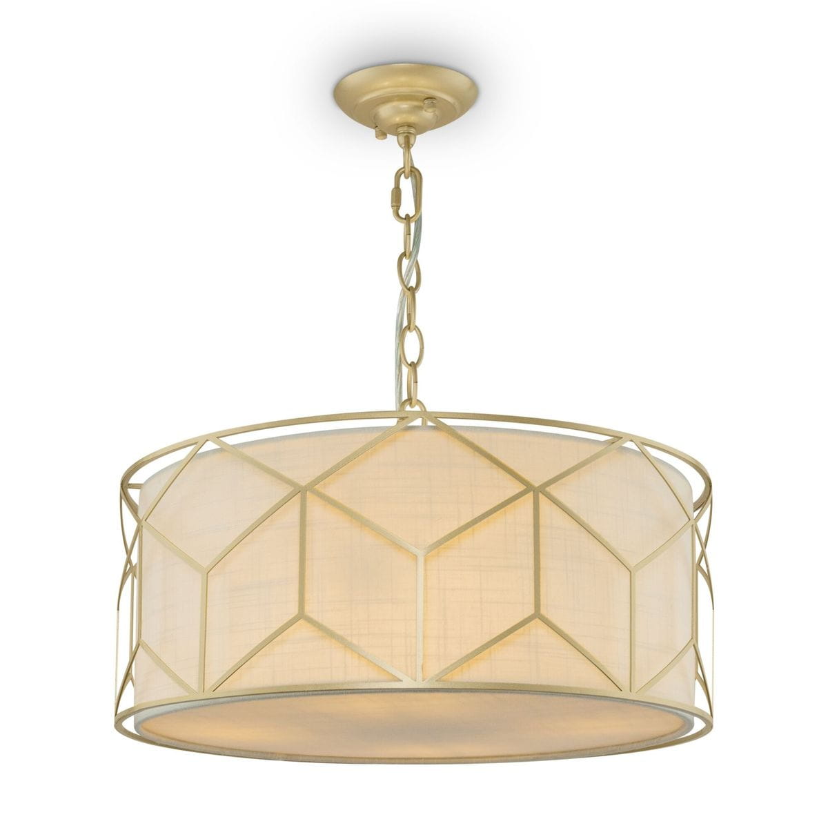 Lampa wisząca Messina 4-punktowa H223PL-03G w złotym kolorze. Okrągły klosz z transparentnego materiału, ozdobiony geometrycznym wzorem. Zawieszona na metalowym łańcuchu, umieszczona pod sufitem, w jasnym otoczeniu.
