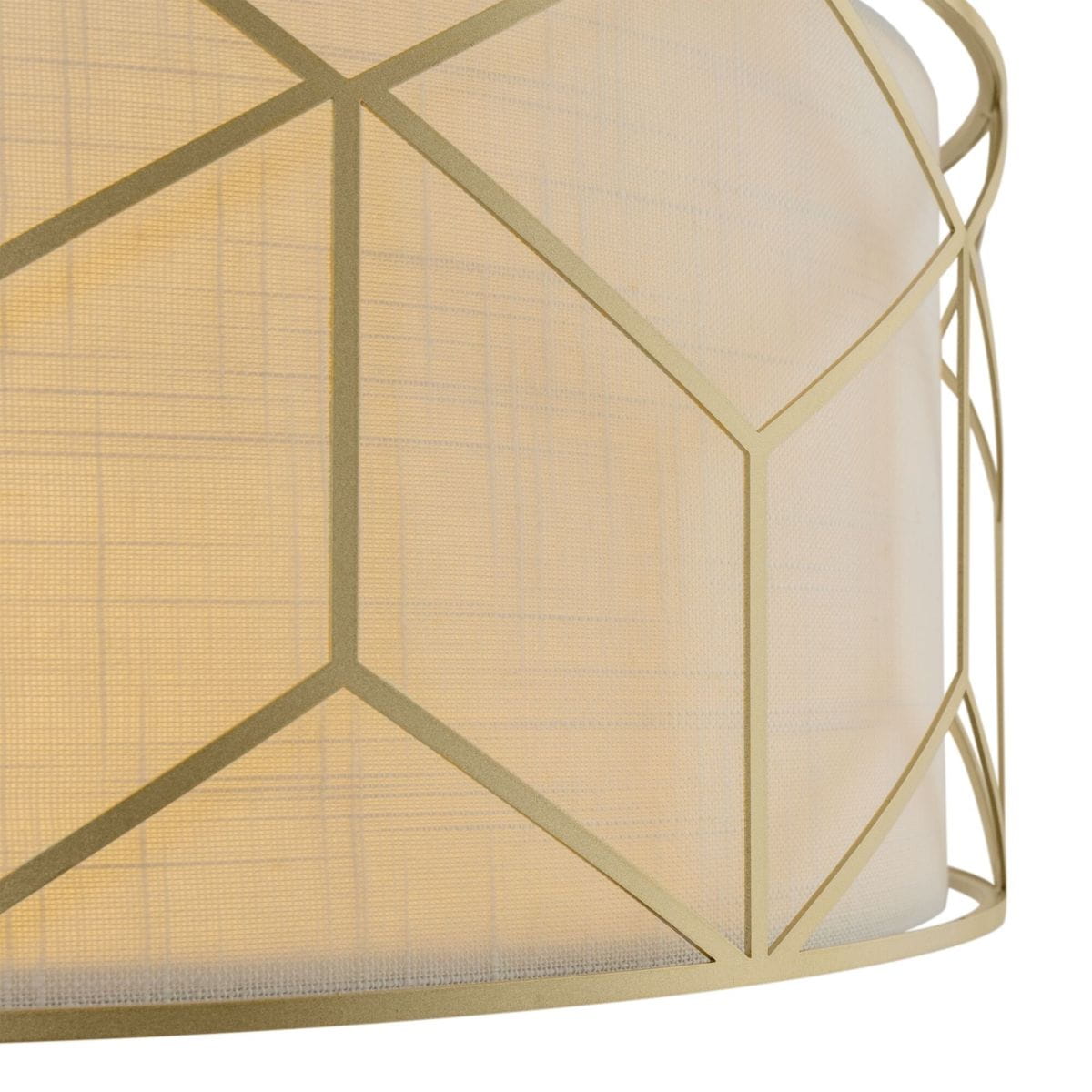 Lampa wisząca Messina 4-punktowa H223PL-03G w kolorze złotym, z geometrycznym wzorem. Okrągły klosz z materiału, półprzezroczysty, z widocznymi liniami tekstury. Ujęcie z boku, ukazujące detale konstrukcji.