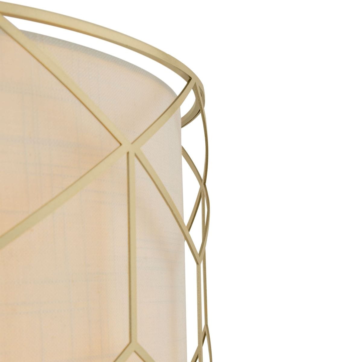 Lampa wisząca Messina 4-punktowa H223PL-03G, z metalową, złotą konstrukcją i delikatnym, jasnym abażurem. Ujęcie z boku, ukazujące geometryczny wzór osłony oraz fakturę materiału. Idealna do nowoczesnych wnętrz.