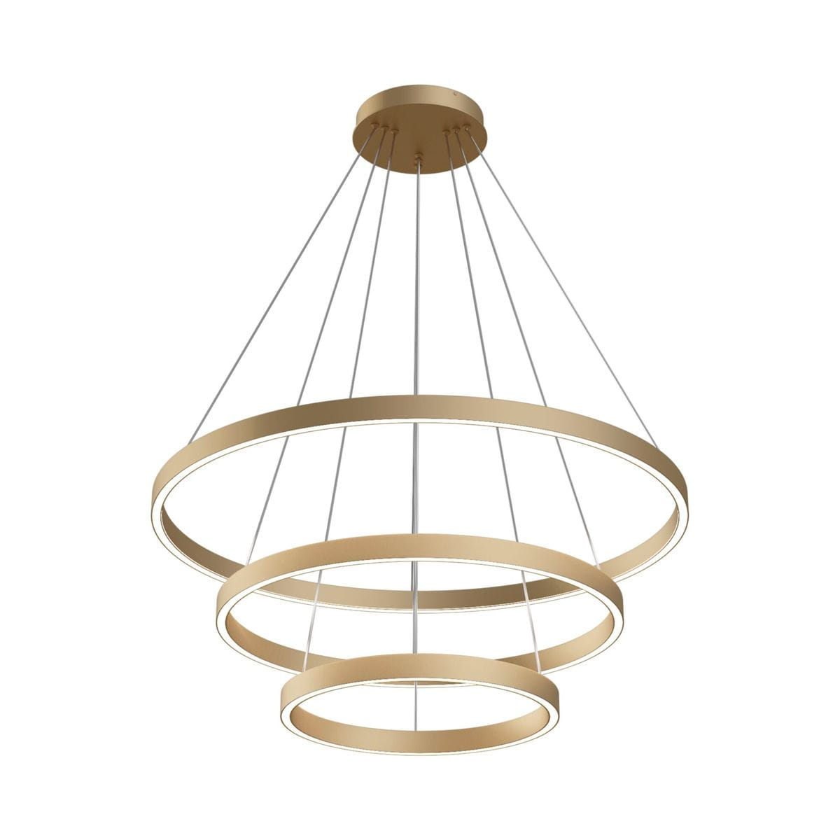 Lampa wisząca Rim 4000K z trzema okrągłymi pierścieniami w kolorze mosiądzu, zawieszona na cienkich linkach. Okręgi różnej wielkości, z diodami LED umieszczonymi wzdłuż krawędzi, tworzą nowoczesny wygląd.
