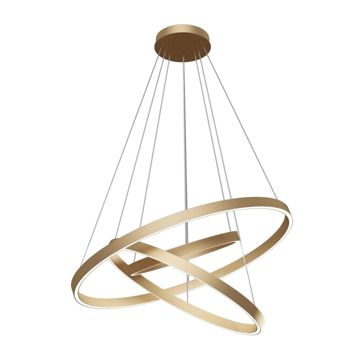 Lampa wisząca Rim 4000K w kolorze mosiądzu, z trzema okrągłymi oprawami. Ujęcie z góry, wisząca na cienkich linkach. Nowoczesny design z podświetleniem LED. Białe tło podkreśla elegancki kształt i kolor lampy.