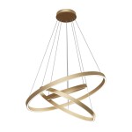 Lampa wisząca Rim 4000K w kolorze mosiądzu, z trzema okrągłymi oprawami. Ujęcie z góry, wisząca na cienkich linkach. Nowoczesny design z podświetleniem LED. Białe tło podkreśla elegancki kształt i kolor lampy.