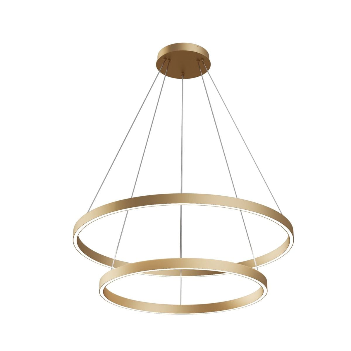 Lampa wisząca Rim 4000K, 2-punktowa, w kolorze mosiężnym. Dwie okrągłe obręcze zawieszone na cienkich linkach, z białym źródłem światła. Ujęcie z dołu, pokazujące całość konstrukcji. Tło białe, minimalistyczne.