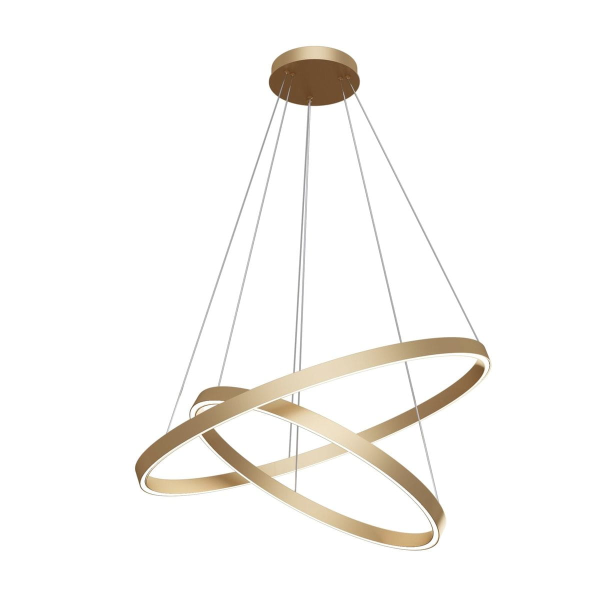 Lampa wisząca Rim 4000K z mosiądzu, składająca się z dwóch okrągłych pierścieni w kolorze mosiężnym, zawieszona na cienkich linkach. Kąt ujęcia: z dołu, ukazujący detal konstrukcji oraz połączenia. Białe światło LED otaczające pierścienie.