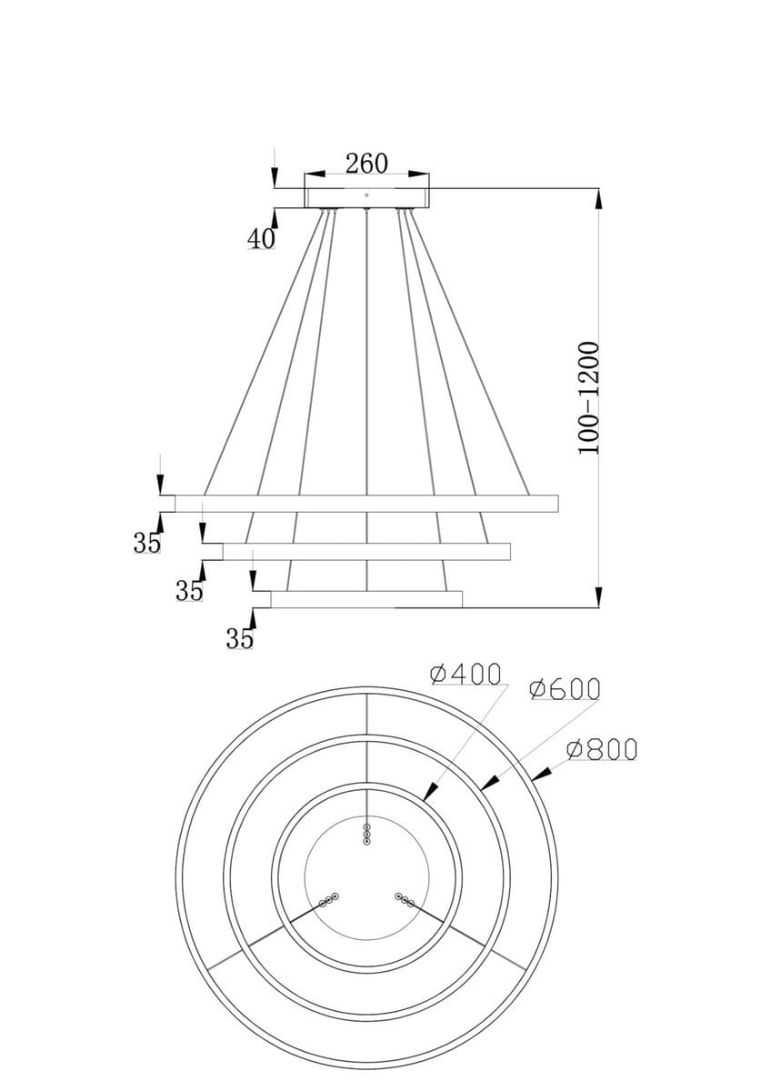 Trójpunktowa lampa wisząca Rim 4000K w kolorze czarnym. Kształt stożkowaty, z metalową podstawą o średnicy 400 mm, zawieszona na cienkich linkach. Wysokość regulowana od 100 do 120 cm. Prosta konstrukcja bez dodatkowych zdobień.