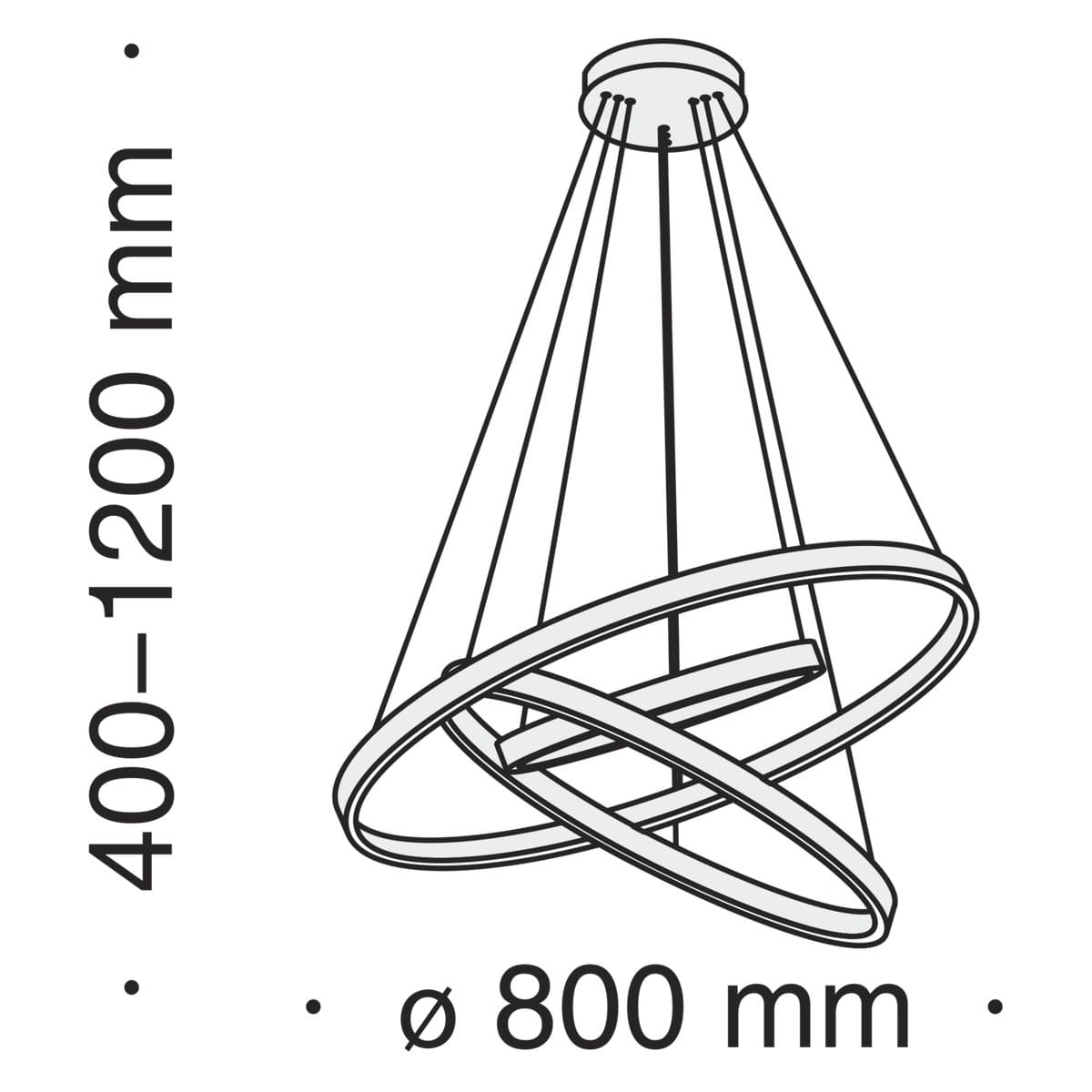 Czarna lampa wisząca Rim 4000K z trzema punktami świetlnymi, o regulowanej wysokości 400-1200 mm i średnicy 800 mm. Lampa ma nowoczesny, minimalistyczny design z okrągłymi elementami w kształcie pierścieni.