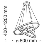 Czarna lampa wisząca Rim 4000K z trzema punktami świetlnymi, o regulowanej wysokości 400-1200 mm i średnicy 800 mm. Lampa ma nowoczesny, minimalistyczny design z okrągłymi elementami w kształcie pierścieni.