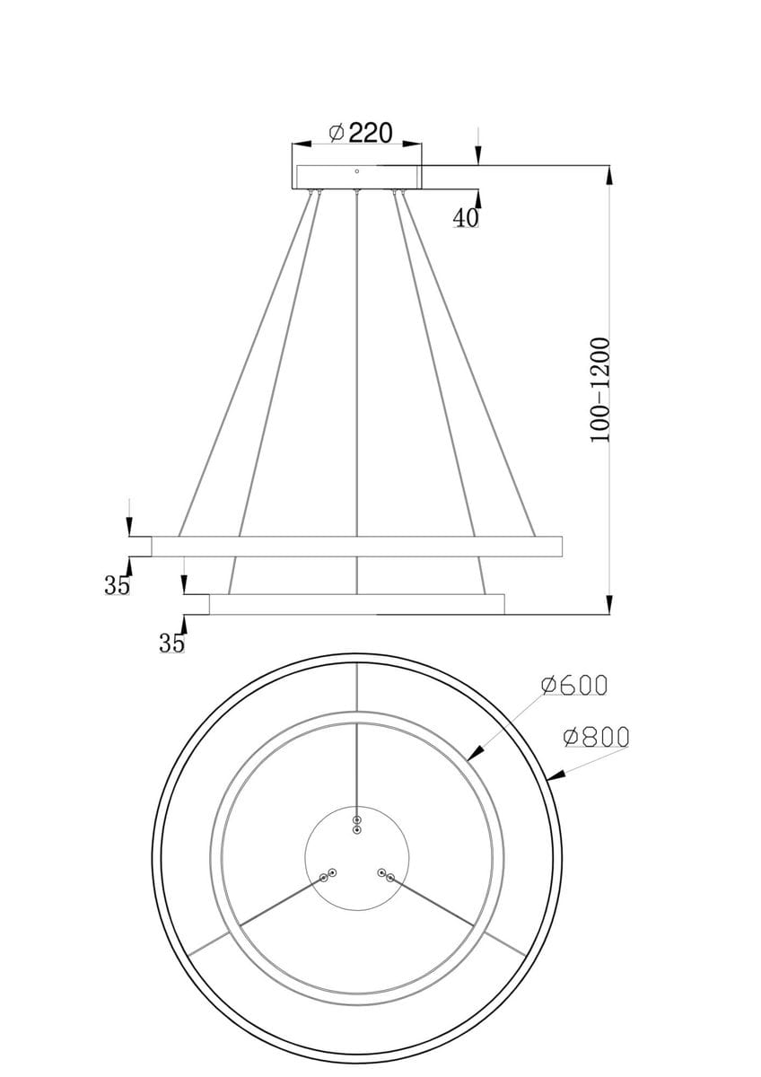 Czarna lampa wisząca Rim 4000K z dwoma punktami świetlnymi. Wymiary: średnica 600 mm i 800 mm. Konstrukcja z trzema przewodami; wysokość regulowana od 100 do 1200 mm. Prosty, nowoczesny design, idealna do różnych wnętrz.