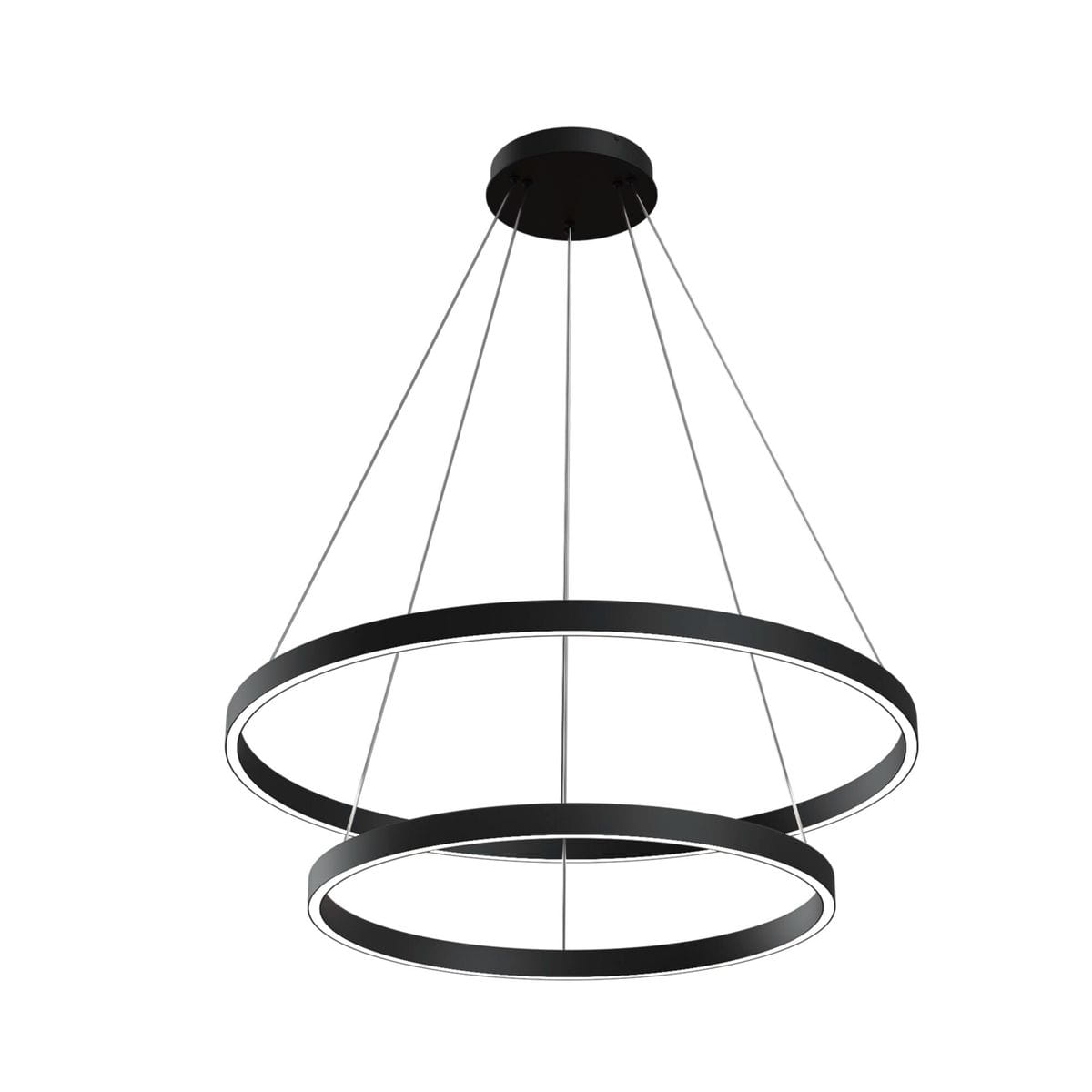 Czarna lampa wisząca Rim 4000K z dwiema okrągłymi oprawami, zawieszona na cienkich linkach. Górny pierścień większy, dolny mniejszy. Minimalistyczny design, idealna do nowoczesnych wnętrz.