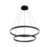 Czarna lampa wisząca Rim 4000K z dwiema okrągłymi oprawami, zawieszona na cienkich linkach. Górny pierścień większy, dolny mniejszy. Minimalistyczny design, idealna do nowoczesnych wnętrz.