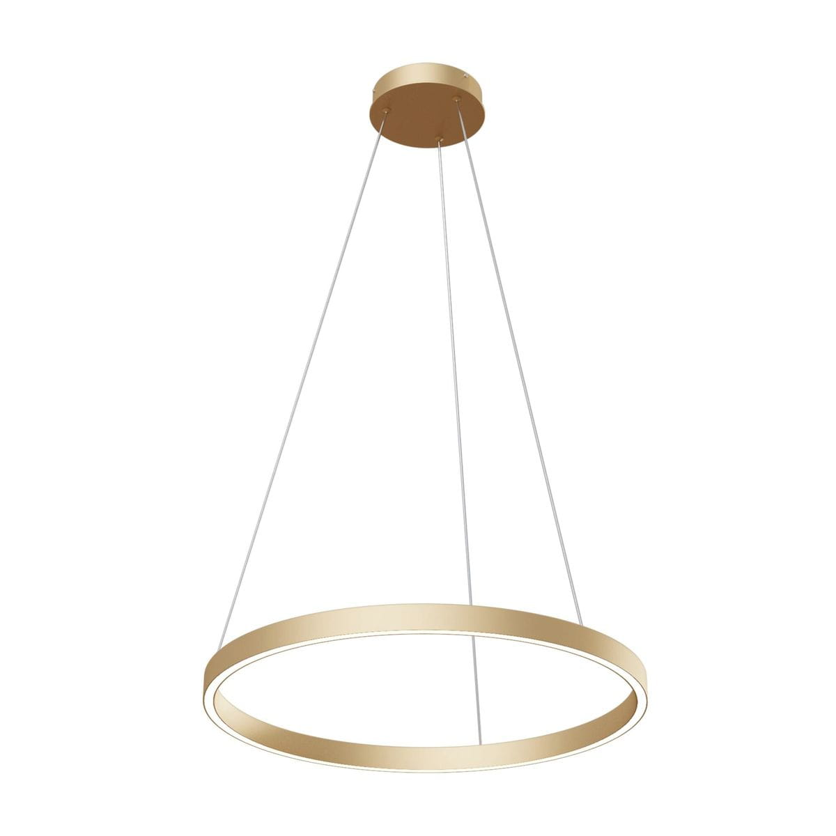Lampa wisząca Rim D60 w kolorze mosiężnym, z okrągłym kloszem LED. Zawieszona na cienkich linkach, z prostym, nowoczesnym designem. Światło o temperaturze barwowej 4000K. Idealna do nowoczesnych wnętrz.