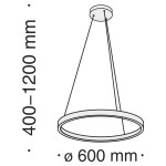 Lampa wisząca Rim D60 4000K w kolorze mosiądzu, o średnicy 600 mm. Zawieszona na dwóch cienkich linkach, regulowana wysokość od 400 do 1200 mm. Prosty, okrągły kształt, nowoczesny design.