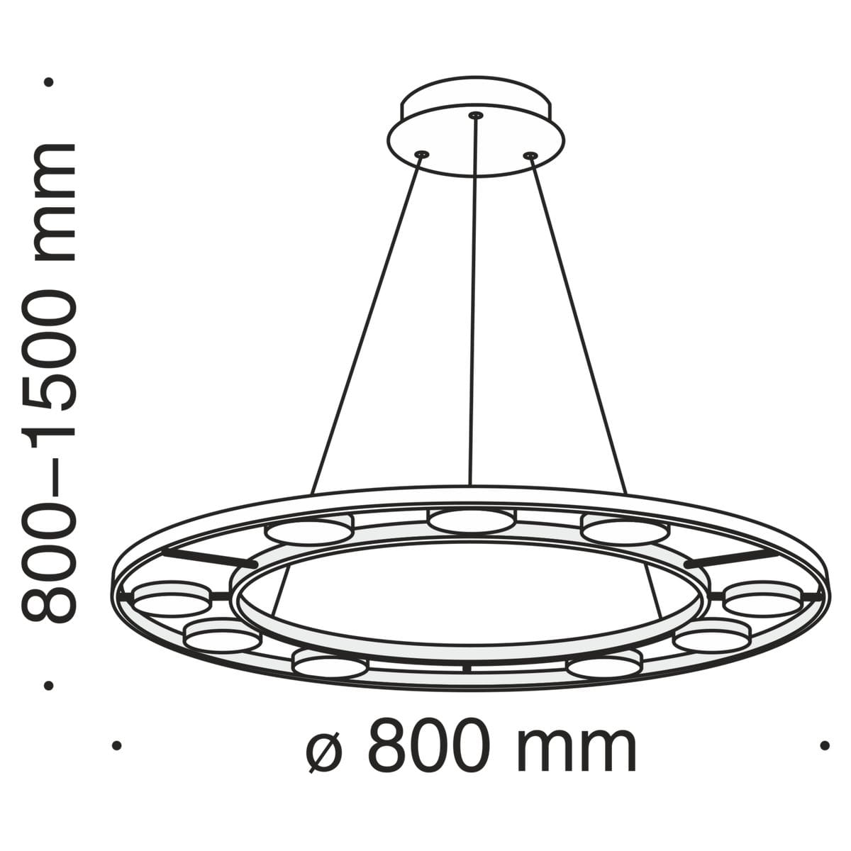 Lampa wisząca LED Fad, 9-punktowa, o okrągłym kształcie, średnica 800 mm, regulowana wysokość 800-1500 mm. Wyposażona w osiem punktów świetlnych rozmieszczonych na obrzeżu. Prosta konstrukcja, elegancki design.