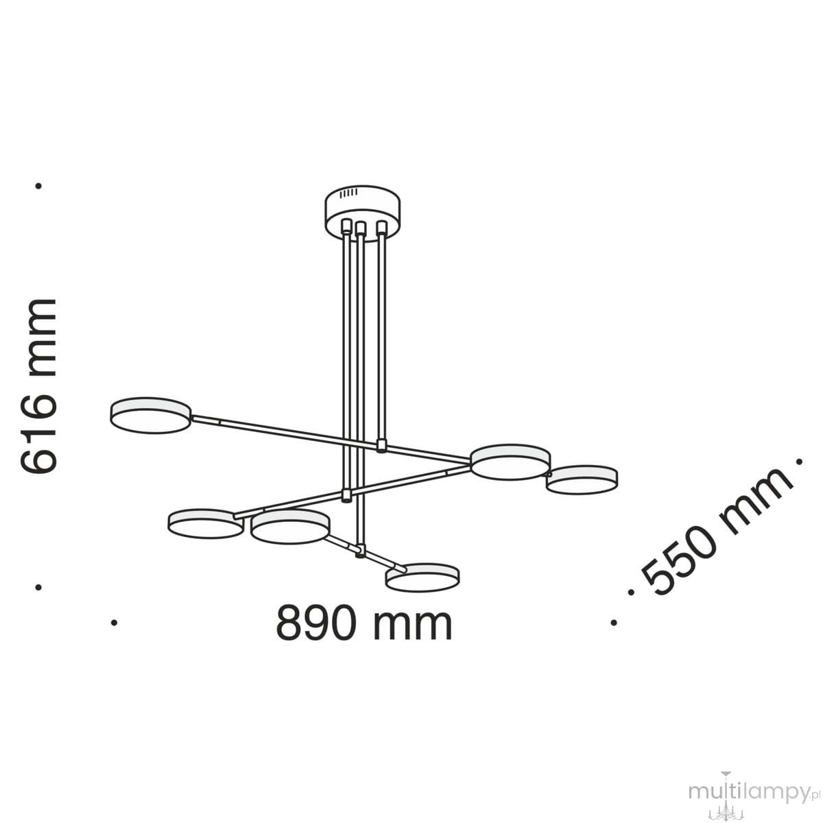 Lampa wisząca Fad LED 7-punktowa w minimalistycznym stylu, z regulowanymi ramionami. Całkowite wymiary: 890 mm szerokości, 616 mm wysokości, 550 mm głębokości. Metalowa konstrukcja z okrągłymi kloszami. Idealna do nowoczesnych wnętrz.