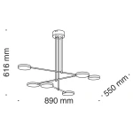 Lampa wisząca Fad LED 7-punktowa w minimalistycznym stylu, z regulowanymi ramionami. Całkowite wymiary: 890 mm szerokości, 616 mm wysokości, 550 mm głębokości. Metalowa konstrukcja z okrągłymi kloszami. Idealna do nowoczesnych wnętrz.
