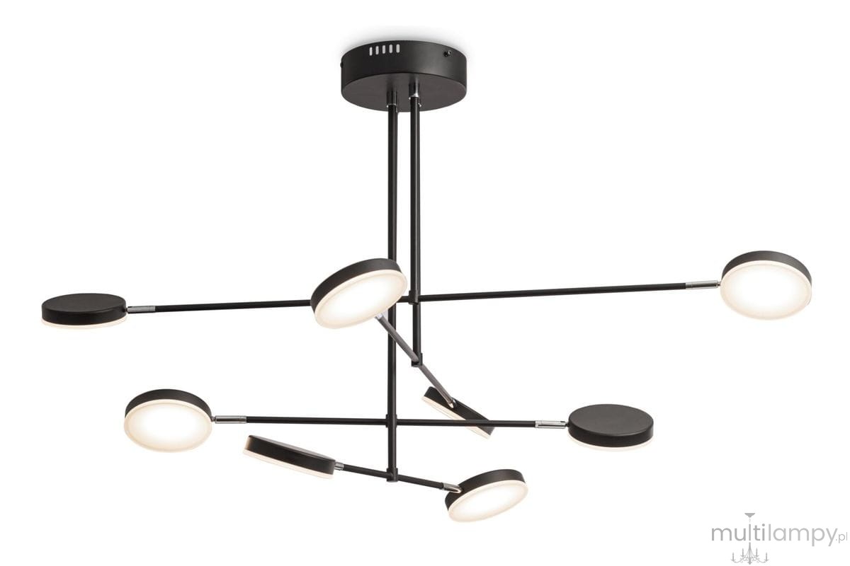 Lampa wisząca Fad LED 7-punktowa MOD070PL-L38B3K w kolorze czarnym z okrągłymi kloszami. Produkt zawieszony pod sufitem, z asymetrycznym układem ramion. Klosze emitujące światło w neutralnym odcieniu, z metalowymi elementami.