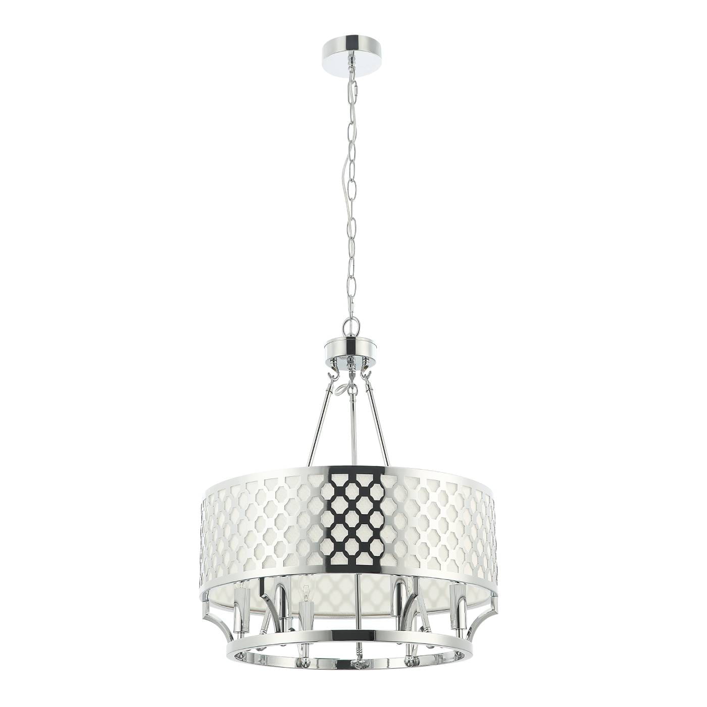 Lampa wisząca Verno Cromo, sześciopunktowa, z chromowanym stelażem. Okrągły klosz z białym wzorem w kształcie plastra miodu, zawieszona na łańcuchu. Prosta konstrukcja, idealna do nowoczesnych wnętrz.