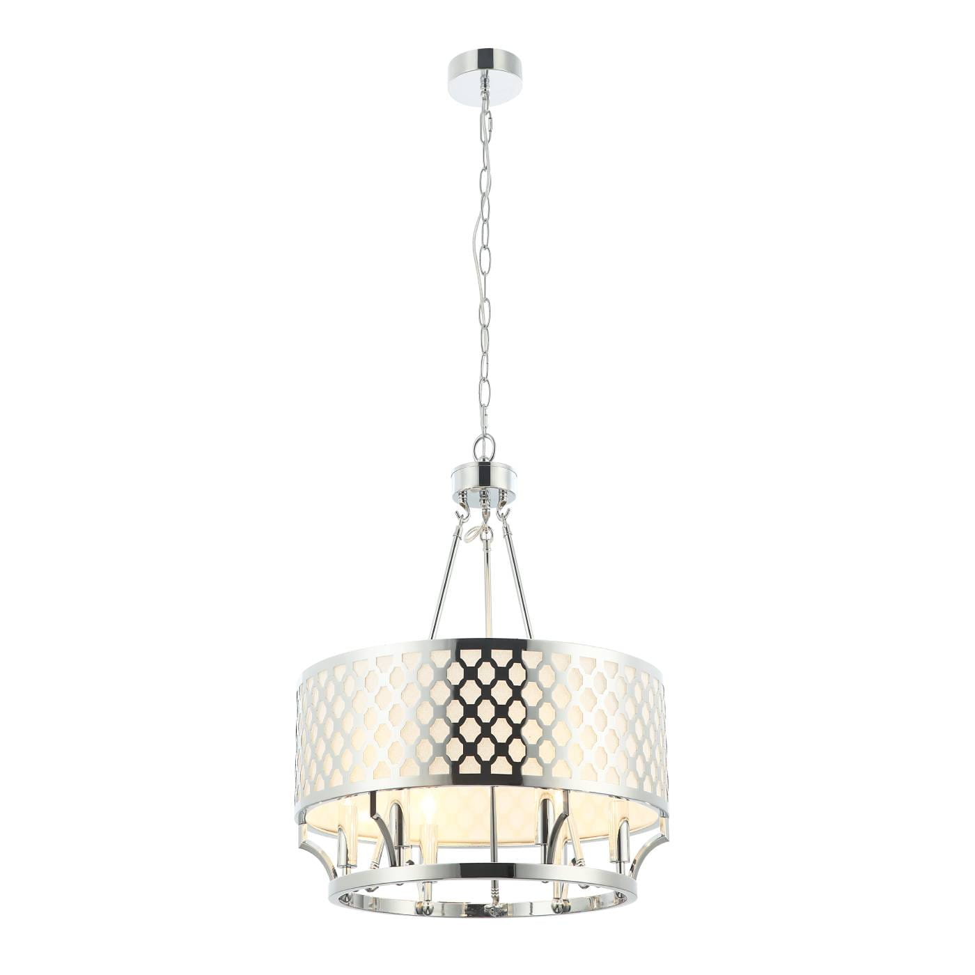 Lampa wisząca Verno Cromo, 6-punktowa, z chromowanym stelażem i białym kloszem z ażurowym wzorem. Zawieszona na łańcuszku, w kształcie cylindrycznym, idealna do nowoczesnych wnętrz.