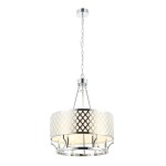 Lampa wisząca Verno Cromo, 6-punktowa, z chromowanym stelażem i białym kloszem z ażurowym wzorem. Zawieszona na łańcuszku, w kształcie cylindrycznym, idealna do nowoczesnych wnętrz.