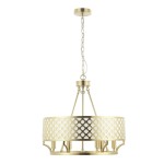 Lampa wisząca Verno Old Gold w kolorze złotym, sześciopunktowa, z okrągłym abażurem o perforowanej strukturze. Produkt zawieszony na łańcuchu, z metalowym mocowaniem sufitowym. Dobrze widoczna elegancka forma i detale konstrukcyjne.