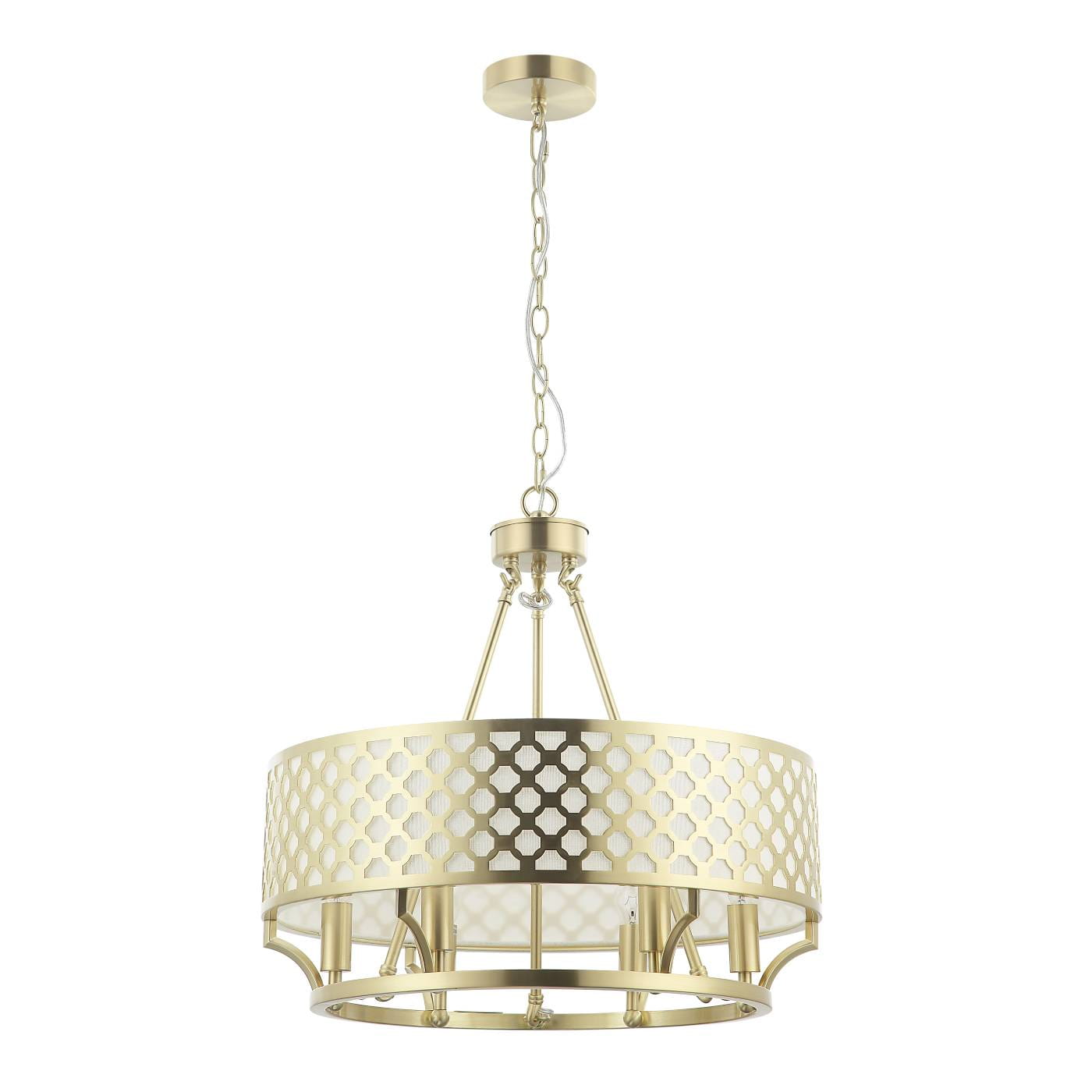 Lampa wisząca Verno Old Gold, 6-punktowa, w kolorze złotym. Okrągły klosz z metalową siatką w heksagonalny wzór, zawieszona na łańcuchu. Prosta konstrukcja, idealna do nowoczesnych wnętrz. Tło białe, podkreślające elegancję lampy.