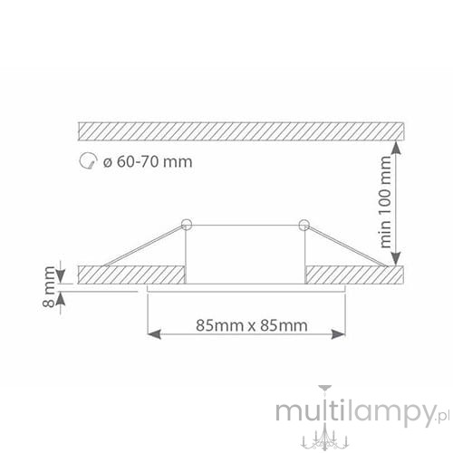 Kwadratowa oprawa do zabudowy w kolorze białym, przeznaczona do montażu w łazienkach (IP44). Wymiary: 85 mm x 85 mm, grubość 8 mm, z wymaganym otworem o średnicy 60-70 mm. Ujęcie z boku, pokazujące szczegóły montażowe.