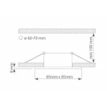 Kwadratowa oprawa do zabudowy w kolorze białym, przeznaczona do montażu w łazienkach (IP44). Wymiary: 85 mm x 85 mm, grubość 8 mm, z wymaganym otworem o średnicy 60-70 mm. Ujęcie z boku, pokazujące szczegóły montażowe.