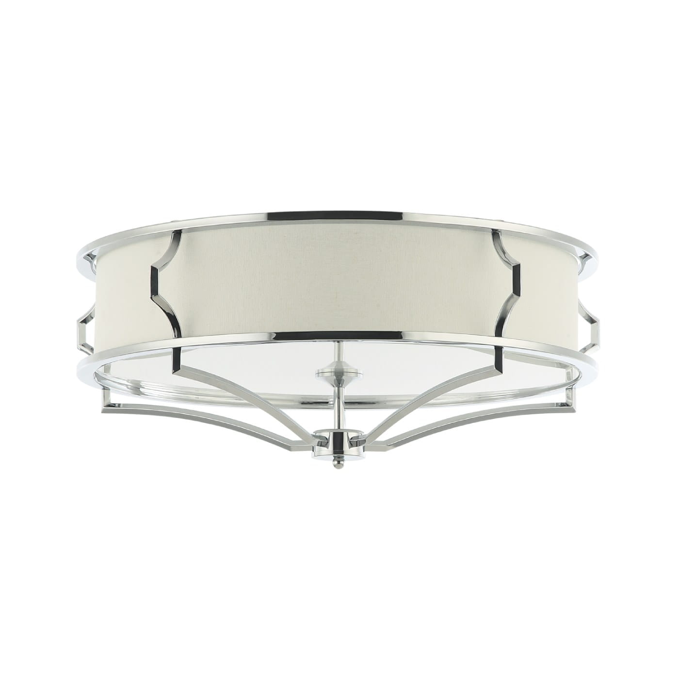 Lampa sufitowa Stesso Cromo S w kolorze chromu z okrągłym abażurem w jasnym odcieniu. Cztery punkty świetlne umieszczone w metalowej ramie, z dekoracyjnymi detalami. Ujęcie frontalne, produkt montowany na suficie.
