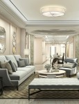 Lampa sufitowa Stesso Cromo S, czteropunktowa, w chromowanej oprawie, z jasnym, okrągłym kloszem. Zawieszona na gładkim, białym suficie, otoczona eleganckim wnętrzem z meblami w stonowanych kolorach.