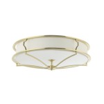 Lampa sufitowa Stesso Gold L w kolorze złotym, sześciopunktowa, o okrągłym kształcie. Posiada matowy klosz z białym wykończeniem oraz dekoracyjne złote ramki. Ujęcie z dołu, pokazujące detale konstrukcji.