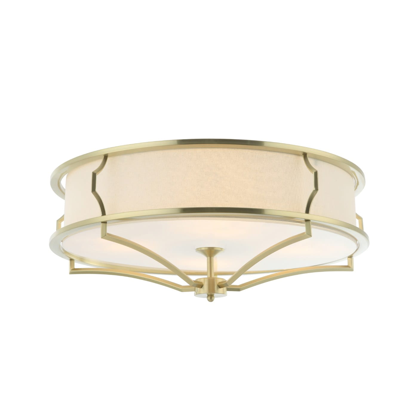 Lampa sufitowa Stesso Gold L w kształcie okrągłym, z sześcioma punktami świetlnymi. Złota metalowa rama z przezroczystym kloszem z materiału, o matowej fakturze. Ujęcie z dołu, ukazujące szczegóły konstrukcji i wykończenia.