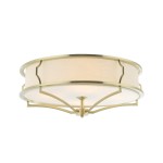 Lampa sufitowa Stesso Gold L w kształcie okrągłym, z sześcioma punktami świetlnymi. Złota metalowa rama z przezroczystym kloszem z materiału, o matowej fakturze. Ujęcie z dołu, ukazujące szczegóły konstrukcji i wykończenia.
