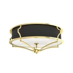 Lampa sufitowa Stesso Gold Nero S w kolorze złotym i czarnym, okrągła, z czarnym abażurem i złotymi metalowymi detalami. Ujęcie z góry, ukazujące cztery punkty świetlne oraz elegancką konstrukcję. Idealna do nowoczesnych wnętrz.
