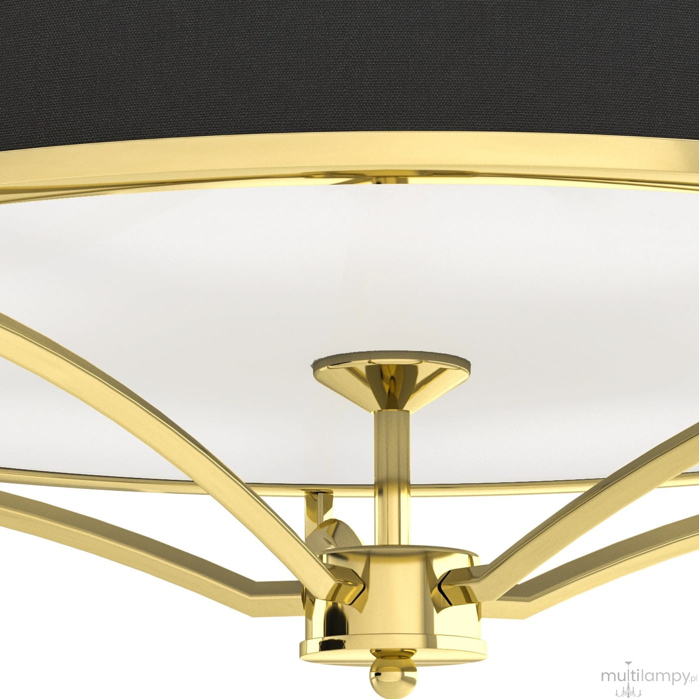 Złota lampa sufitowa Stesso Gold Nero S z czarnym abażurem, czteropunktowa. Widok z dołu, ukazujący złote ramiona i okrągłą, białą osłonę. Elegancki design z metalowymi detalami, idealna do nowoczesnych wnętrz.