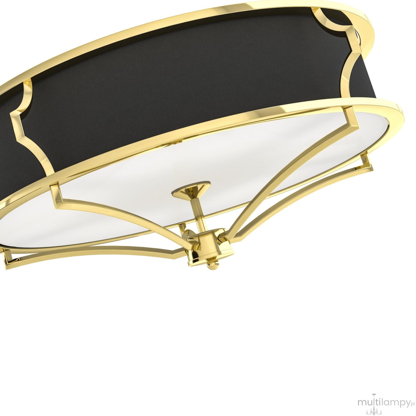 Złota lampa sufitowa Stesso Gold Nero S z czarnym abażurem, o okrągłym kształcie. Widoczna metalowa konstrukcja w złotym kolorze z detalami dekoracyjnymi. Lampa montowana sufitowo, z białym kloszem w centralnej części.