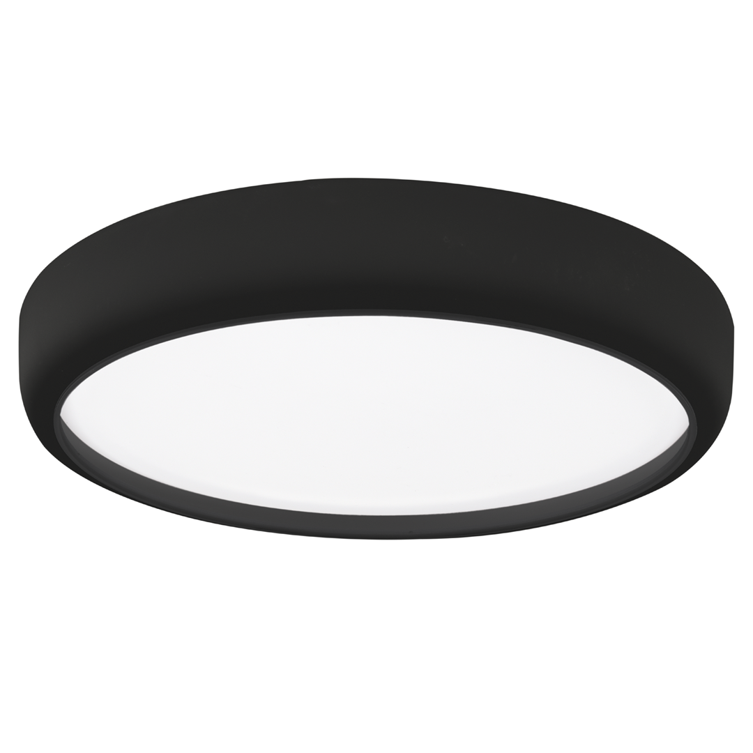 Czarny plafon LED Gea 1-punktowy z białym, okrągłym kloszem. Zamontowany w pozycji wiszącej, minimalistyczny design z pilotem do zdalnego sterowania. Gładka, matowa powierzchnia, idealny do nowoczesnych wnętrz.