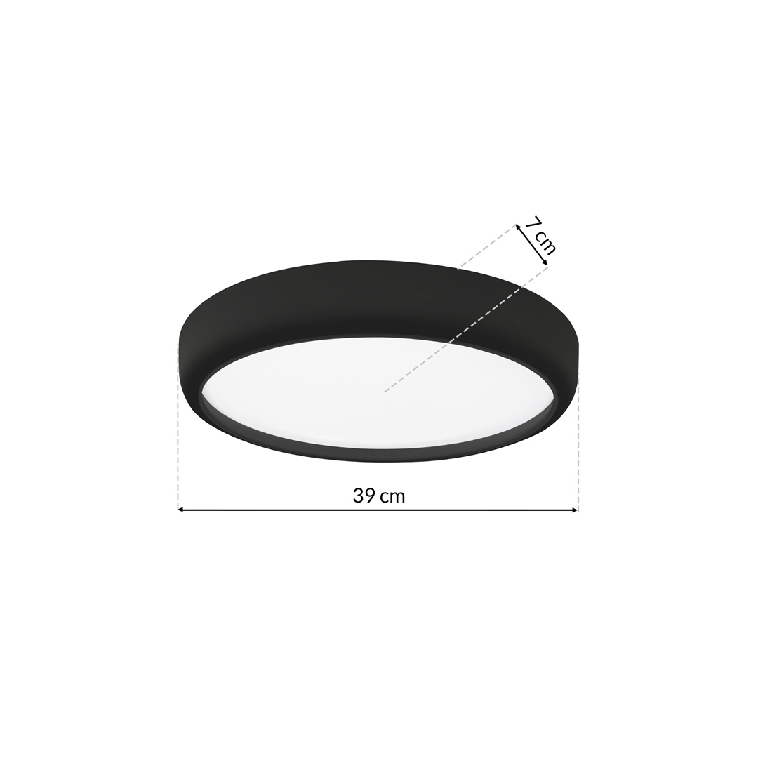 Czarny plafon LED Gea z pilotem, okrągły, o średnicy 39 cm i wysokości 7 cm. Posiada matową, białą osłonę, montowany na suficie, idealny do nowoczesnych wnętrz.