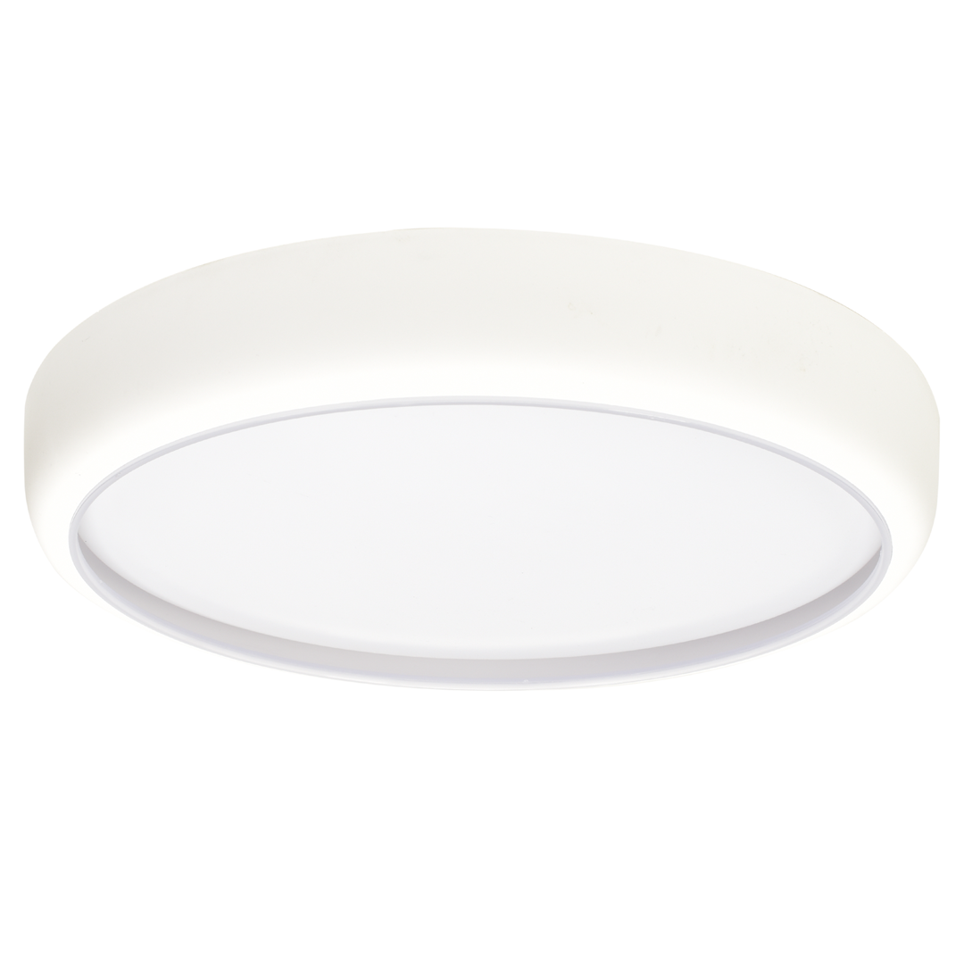 Plafon LED Gea w kolorze białym, okrągły, z pilotem. Produkt zamontowany na suficie, z gładką, matową powierzchnią. Widoczna lekka ramka wokół klosza. Idealny do nowoczesnych wnętrz.