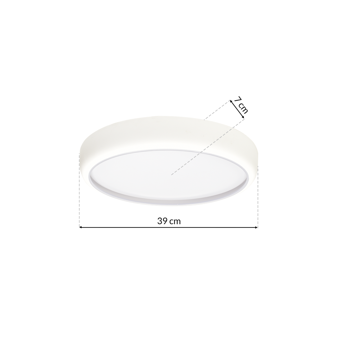Plafon LED Gea w kolorze białym, o średnicy 39 cm i wysokości 7 cm, z okrągłą, gładką powierzchnią. Produkt jest zamontowany na suficie, wyposażony w pilot do zdalnego sterowania.