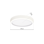 Plafon LED Gea w kolorze białym, o średnicy 39 cm i wysokości 7 cm, z okrągłą, gładką powierzchnią. Produkt jest zamontowany na suficie, wyposażony w pilot do zdalnego sterowania.