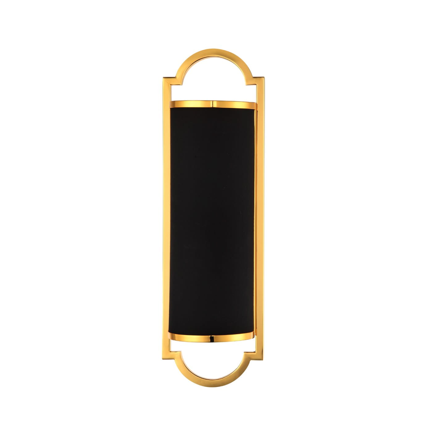 Kinkiet Libero Parette Gold Nero w kolorze złotym i czarnym, z cylindrycznym czarnym kloszem otoczonym złotą ramą. Produkt zamontowany w pionie, z eleganckim, minimalistycznym designem i zaokrąglonymi krawędziami.